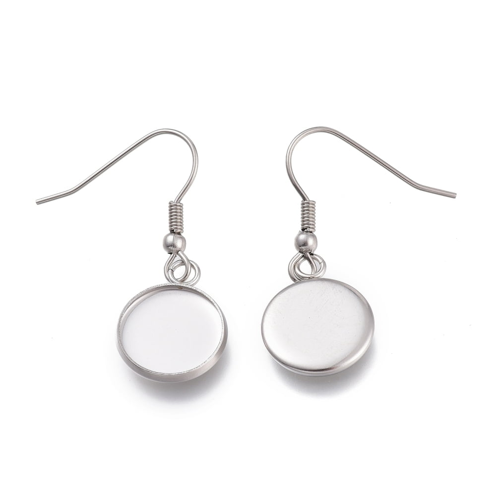 Tarnish Resistant 304 Stainless Steel Earring Hooks with Blank Pendant Trays Flat Round Setting for Cabochon Stainless Steel Color 36mm Tray: 12mm 20 Gauge Pin: 0.8mm