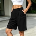 thumbnail image 5 of Puyaiuu Women Elastic High Waist Pleated Side Pocket Knee Length Bermuda Shorts Black L Gift, 5 of 6