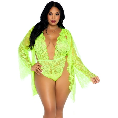 

3 PC Floral lace teddy with ad - 1X-2X / LIME
