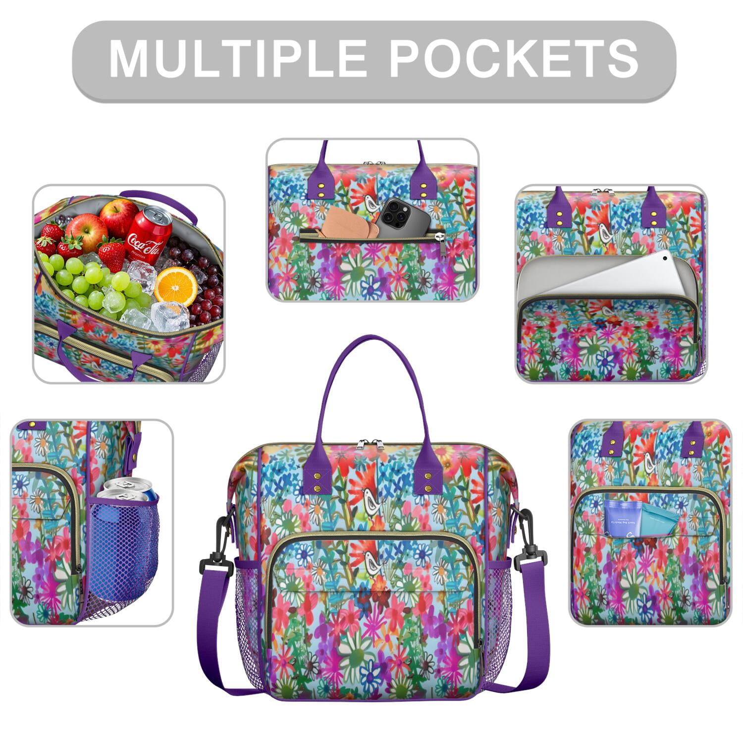 Pioneer Flower Floral Print Pattern Womens Lunch Box for Work,Insulated Large Lunch Bag for Tween and Teen,Loncheras Para Mujer,Leakproof Adult Lunch Bag for Work,Beach,Travel,Picnic,Camping