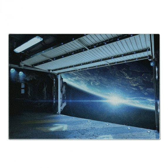 Outer Space Cutting Board, Interstellar Airlock Shuttle Runway Gate Journey to the Stars Invasion View, Decorative Tempered Glass Cutting and Serving Board, Small Size, Blue Grey, by Ambesonne