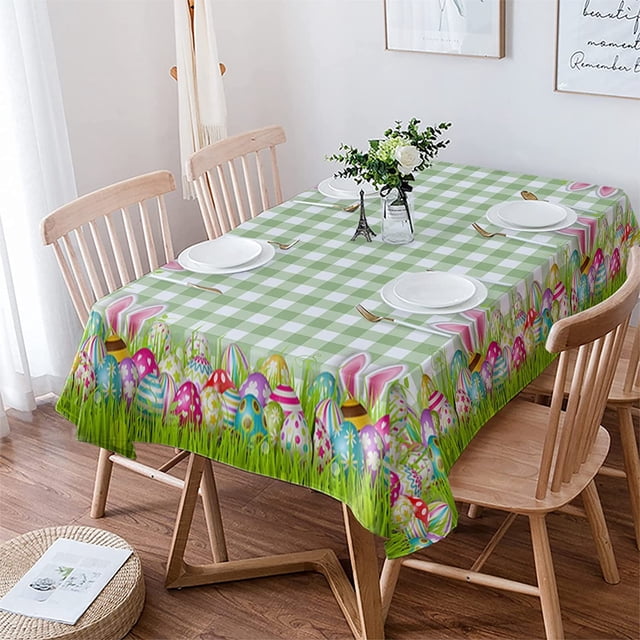 Nappe de Pâques Imperméable, Œufs de Pâques Lapin de Pâques Vert à Carreaux Nappe de Table pour Fête Extérieure Décoration de Printemps, Nappe Rectangulaire 60x84 Pouces