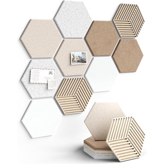 Elastic 10 Pack Hexagon Felt Bulletin Tiles Stone Beige, Wall Decor Alternative to Cork Board with 30 Pushpins & 50 Adhesive Tabs for Office Classroom Home