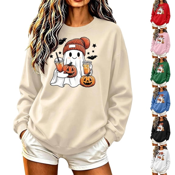 Frostluinai Women's Halloween Sweatshirts Crew Neck Funny Ghosts Pumpkin Graphic Pullover Spooky Season Holiday Party Sweatshirt XS-3XL