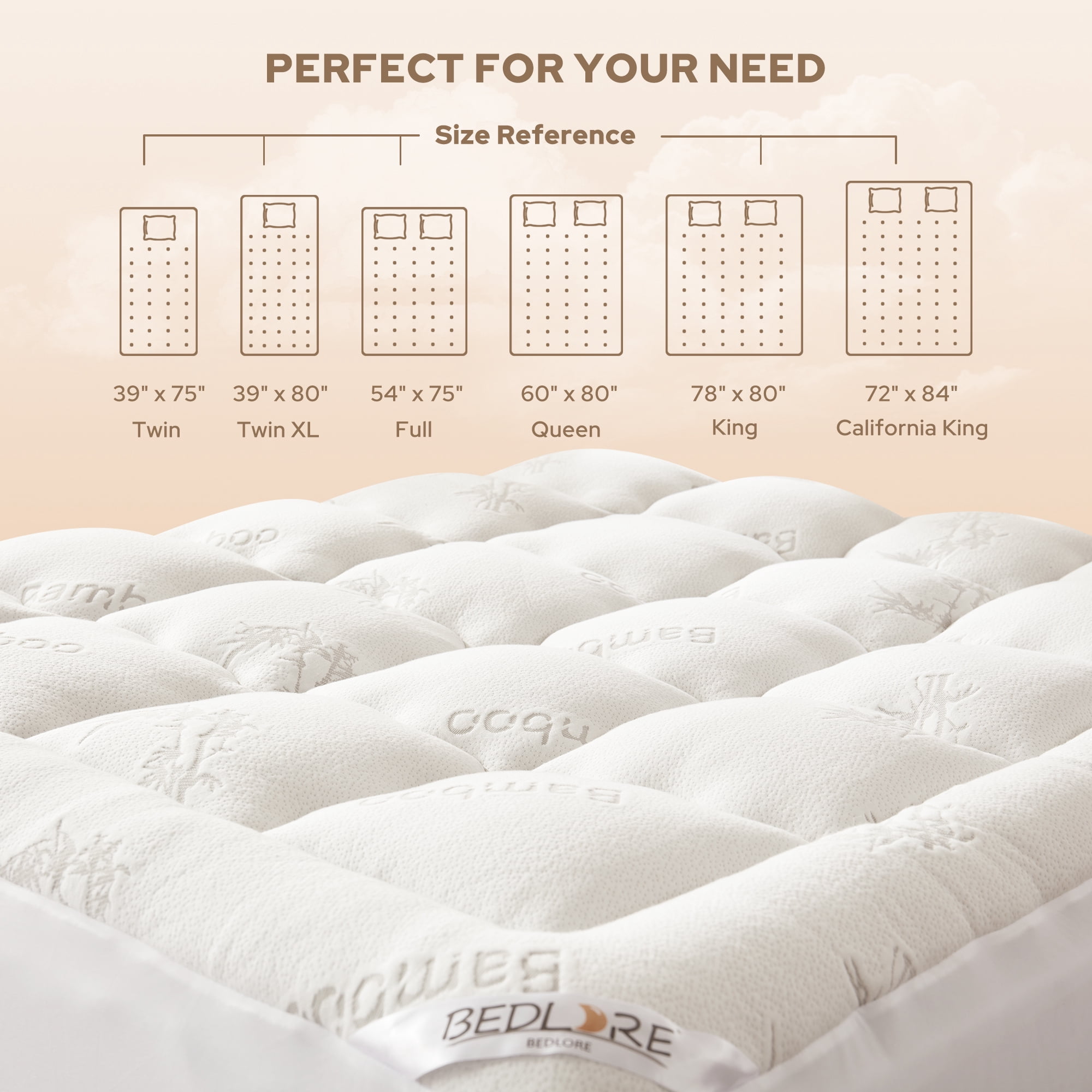 BEDLORE Full Mattress Topper, Bamboo Pillow Top Pad for Back Pain Relief, Thick Soft Mattress Cover with Deep Pockets 6-15 inch(White)