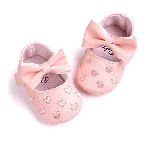 RVROVIC Baby Girls Shoes Soft Sole Mary Jane Flats Princess Dresses Shoes PU Cute Bow Crib Shoes Prewalker 12 18 Months Toddler Heart Pink