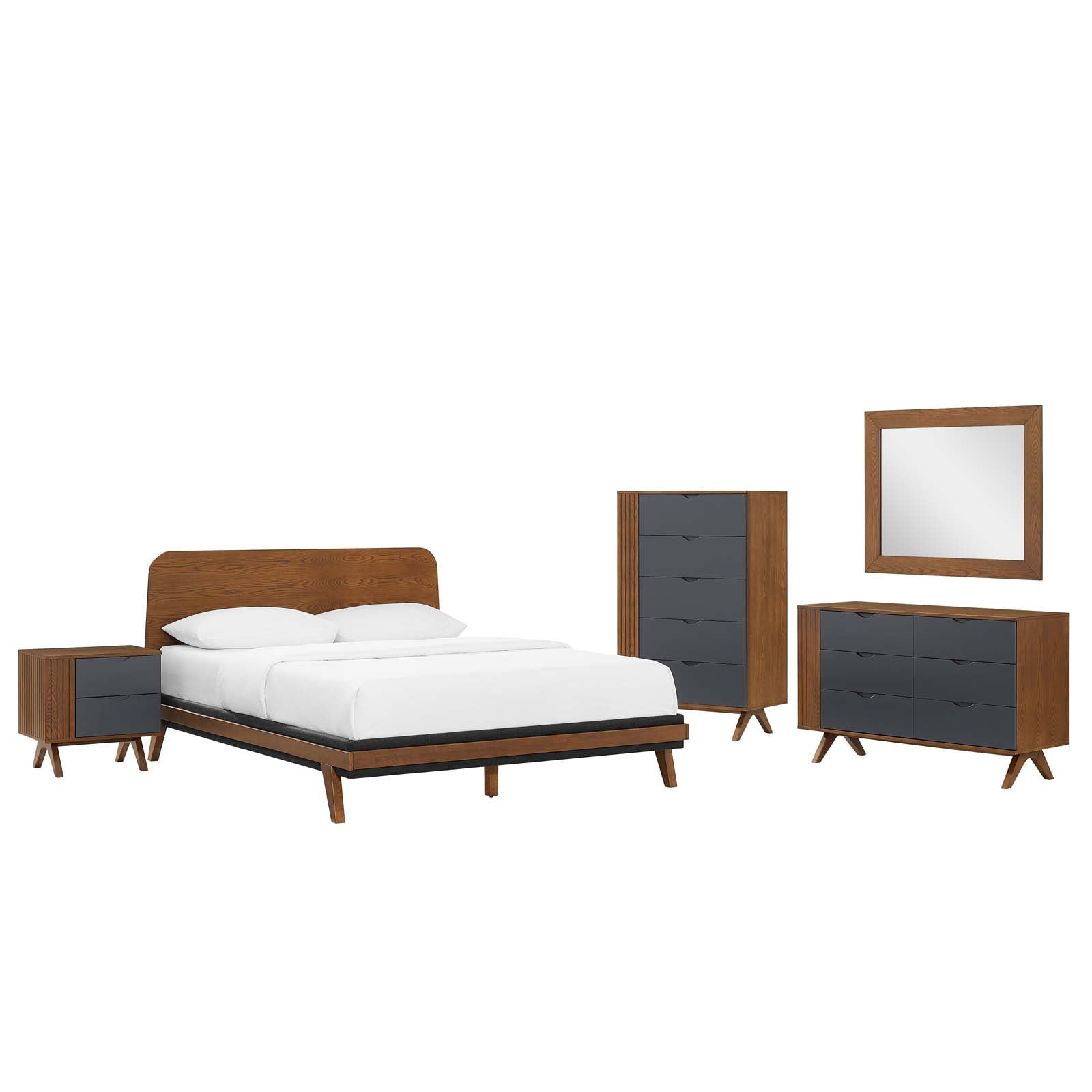 Platform Bed Dresser Chest Nightstand Set, Queen Size, Walnut, Wood