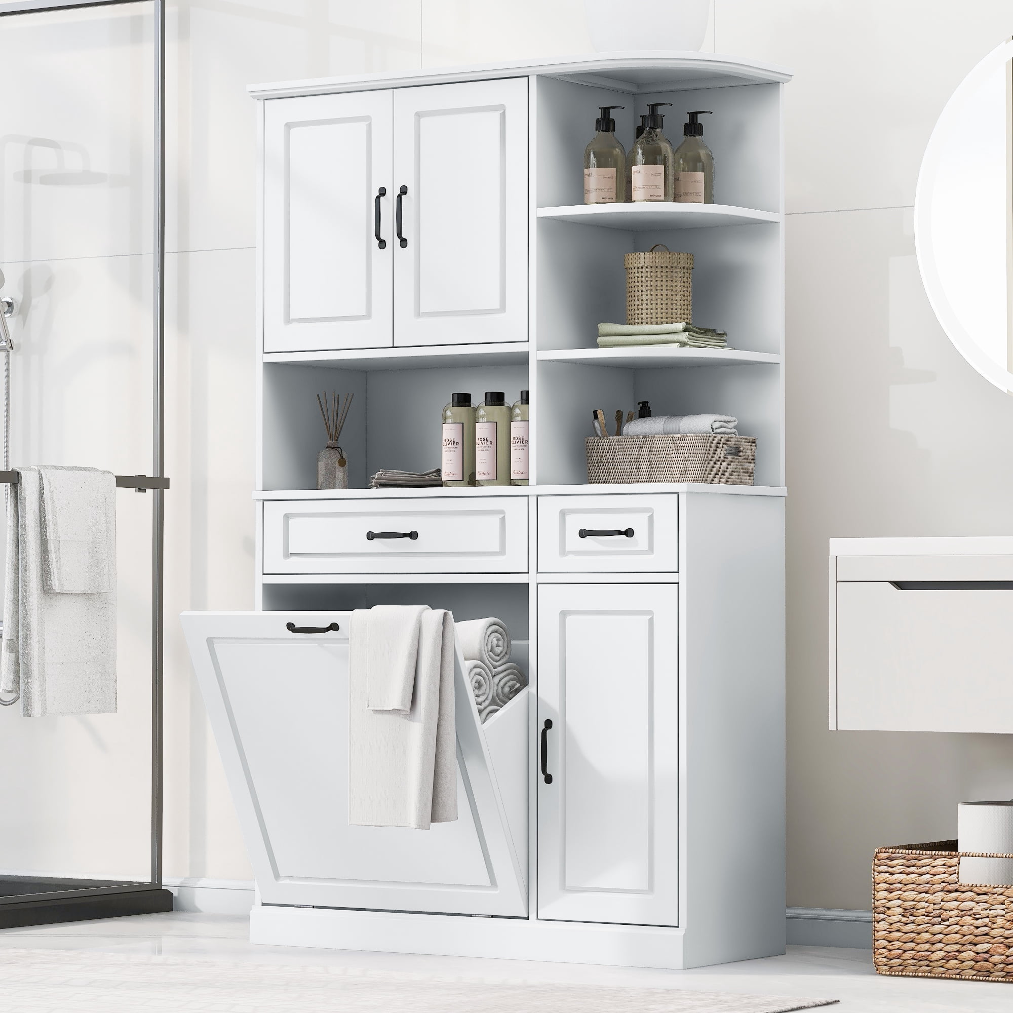 Euroco Tall Freestanding Storage Cabinet with Drawers and Doors, Adjustable Shelves, Flip Drawer Design, Modern Organizer Cabinet for Bathroom, Living Room, or Office, White MDF Cabinet