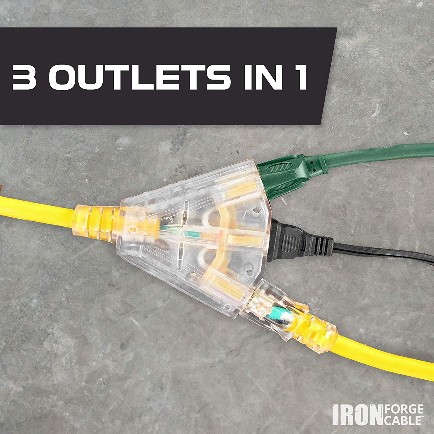 Iron Forge Cable 3.5 Foot Lighted Outdoor GFCI Extension Cord with 3 Electrical Power Outlets - 12/3 SJTW Heavy Duty Yellow Cable with 3 Prong Grounded Plug for Safety