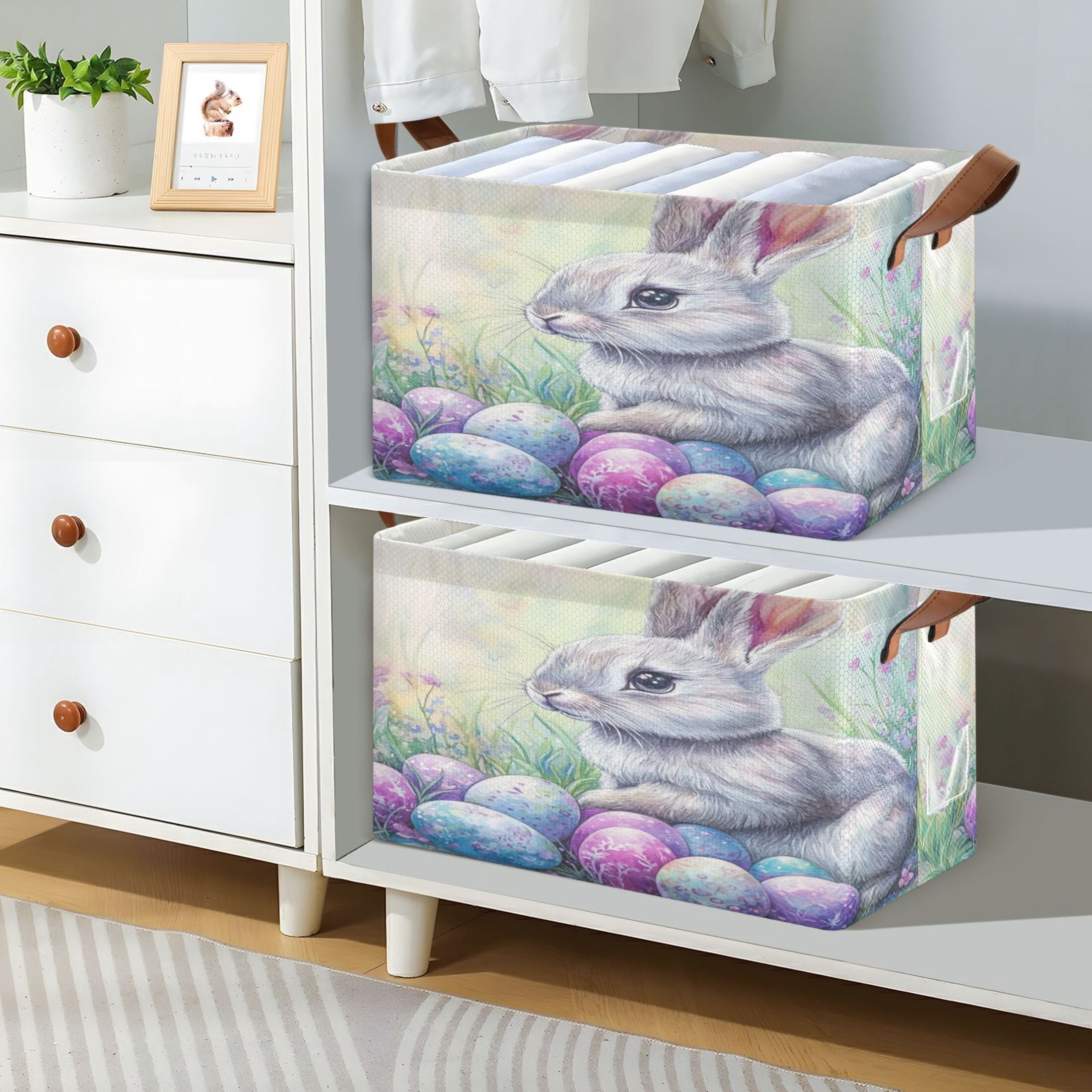 WOBOGO Easter Blue Bunny Storage Basket 16.9×11.4×10in Collapsible Oversized with Metal Iron Frame Set of 1