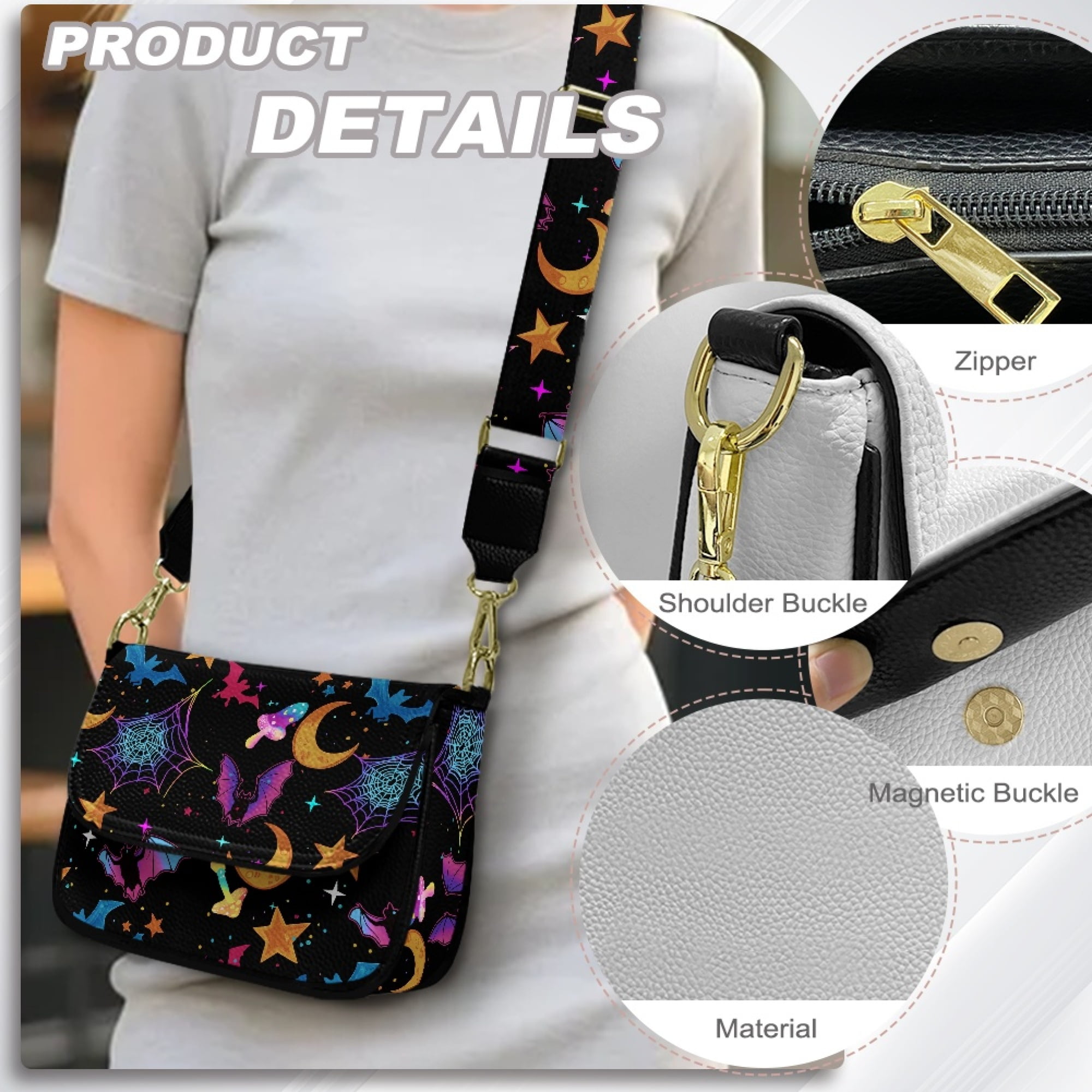 TSOVTHRID Crossbody Bags for Women Trendy, Small Shoulder Handbags, PU Leather Cross Body Purses with Zipper Inner Pocket, Bat Cobweb Moon Star Mushroom Print