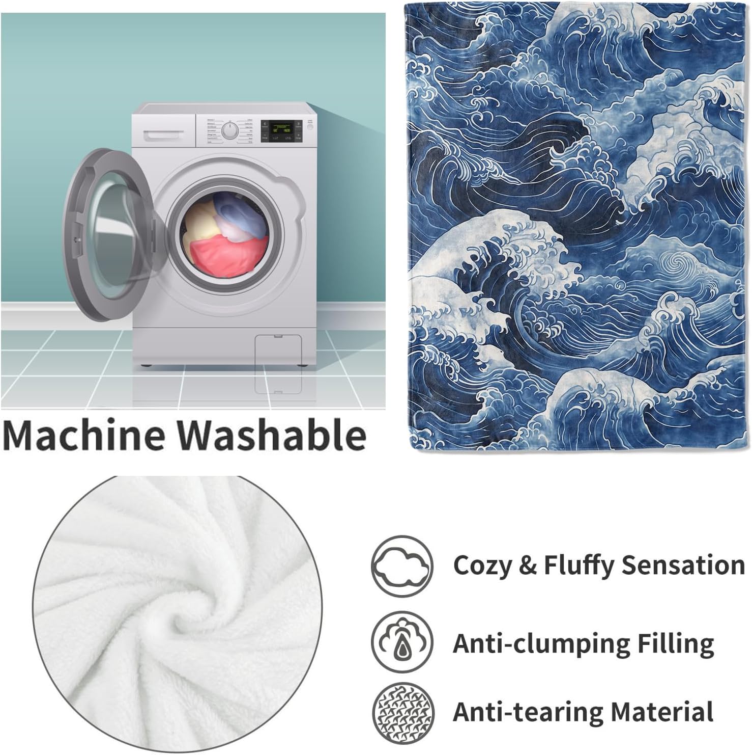 Japanese Wave Throw Blanket Gifts, Soft Cozy Fleece Blanket with Blue Ocean Wave Print, Blanket for Couch Bed Sofa, Perfect for Nautical Decor and Art Lovers, 50x60 in