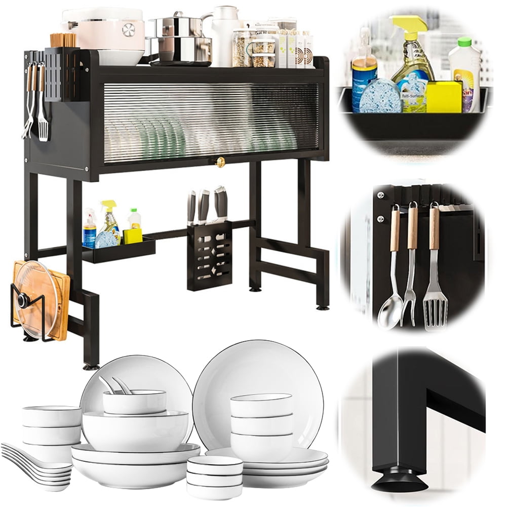 3-Tier Dish Drying Rack, 33.5" Over Sink Dish Rack for Small Kitchen, Space-Saving Dish Rack with Cover, Baskets, Utensil, Large Sink Storage Organizer Black