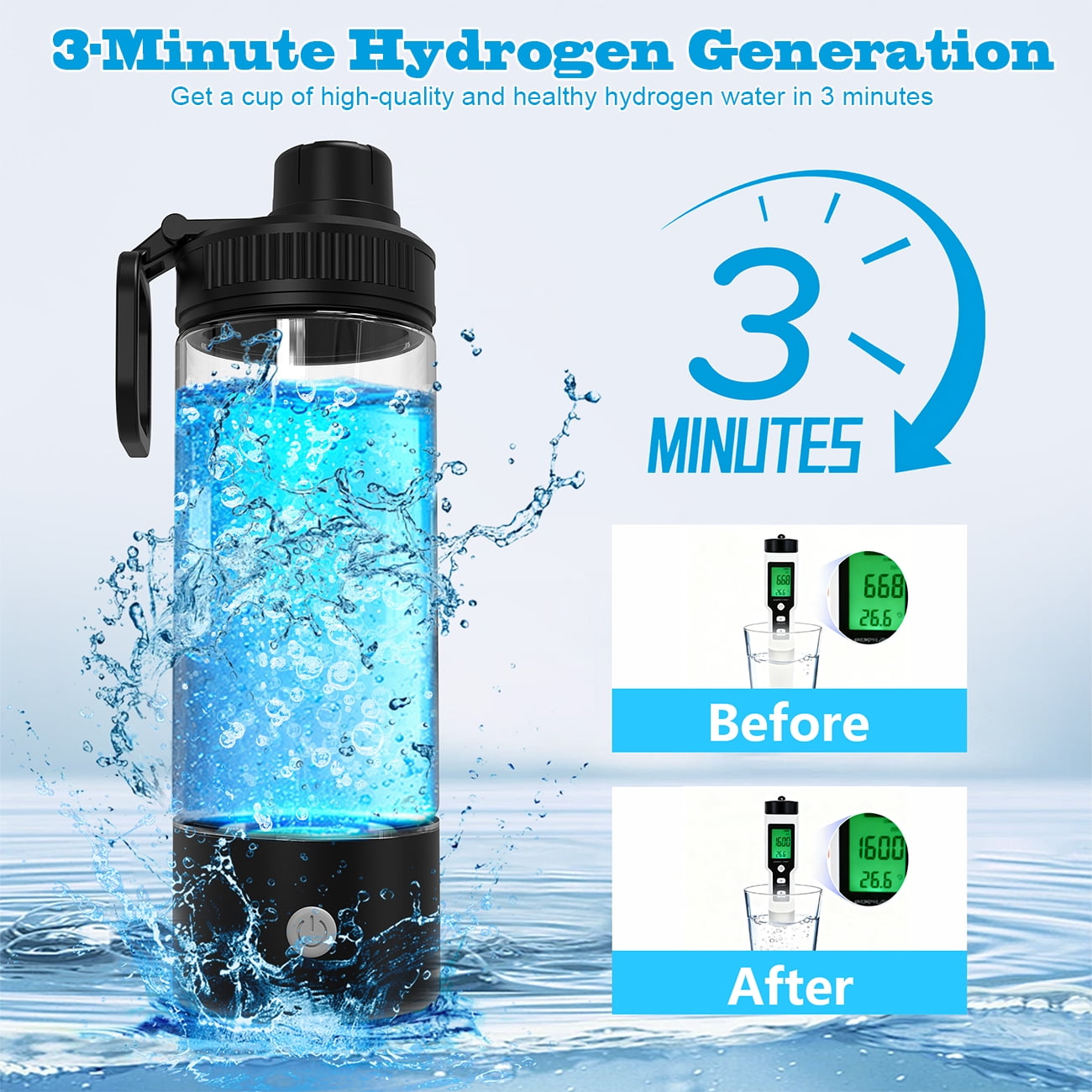 Hydrogen Water Bottle,Upgrade Hydrogen Water Machine-SPE PEM Technology,3-Minute H₂ Production,Remove Ozone/Nitrogen,Portable Portable Water Ionizer for Travel,Home,Office