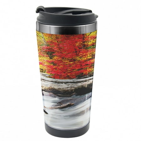 

Driftwood Travel Mug Fall Forest Driftwood Steel Thermal Cup 16 oz by Ambesonne