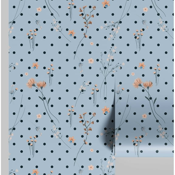 S4Sassy Peel & Stick Vinyl Wallpaper, Floral Polka Dots Print Wallpaper Contact Paper Waterproof - Blue, 25"x120" ,Removable Walls Covering for Kids room wall decor, Baby Room, Playroom