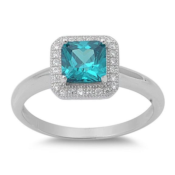 Accented Princess Cut Center Blue Simulated Topaz Cubic Zirconia Ring Sterling Silver 925