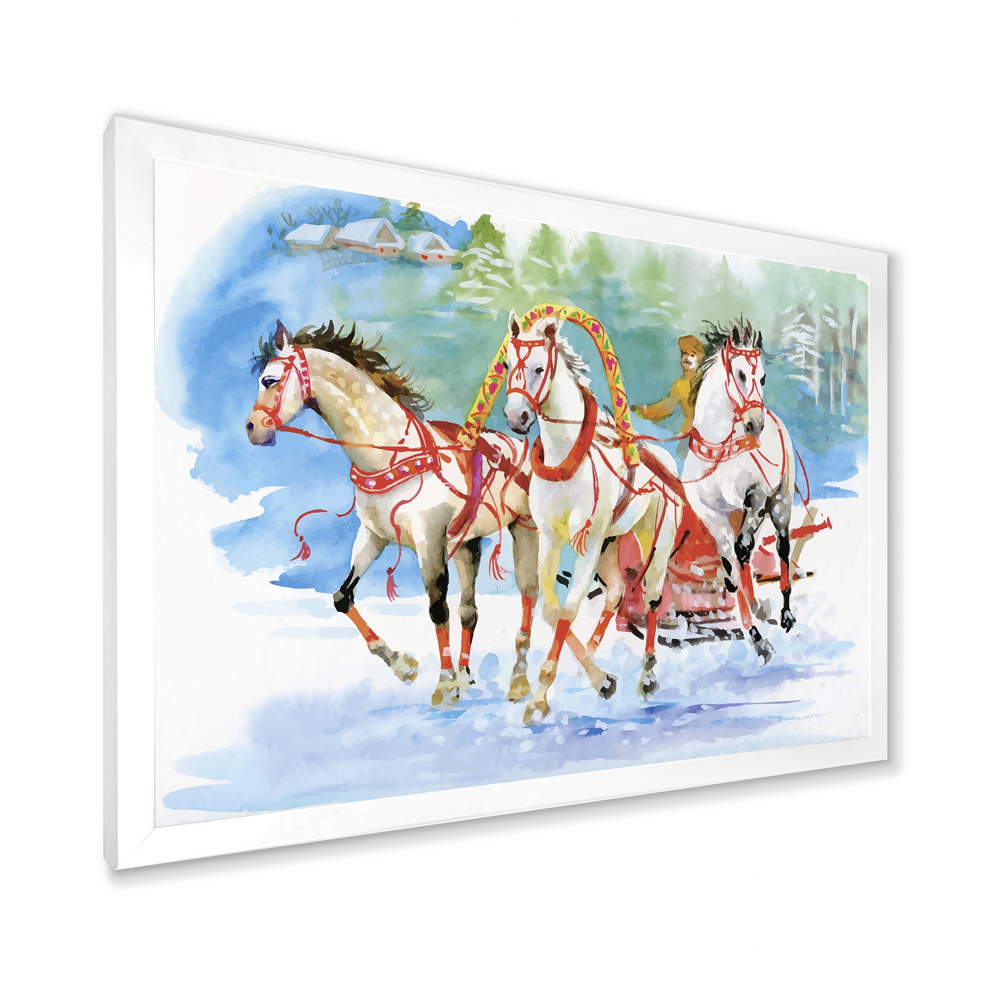 Designart 'Carriage In The Snow With Galoping Horses' Farmhouse Framed Art Print