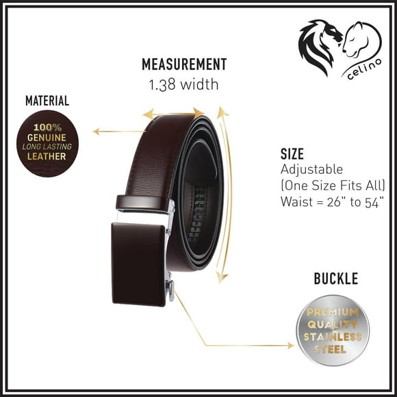 Celino Brown Buckle & Brown Belt Adjustable Ratchet Slide Buckle 100% Genuine Leather Belt for Men, One Size Fits All, Made in Europe