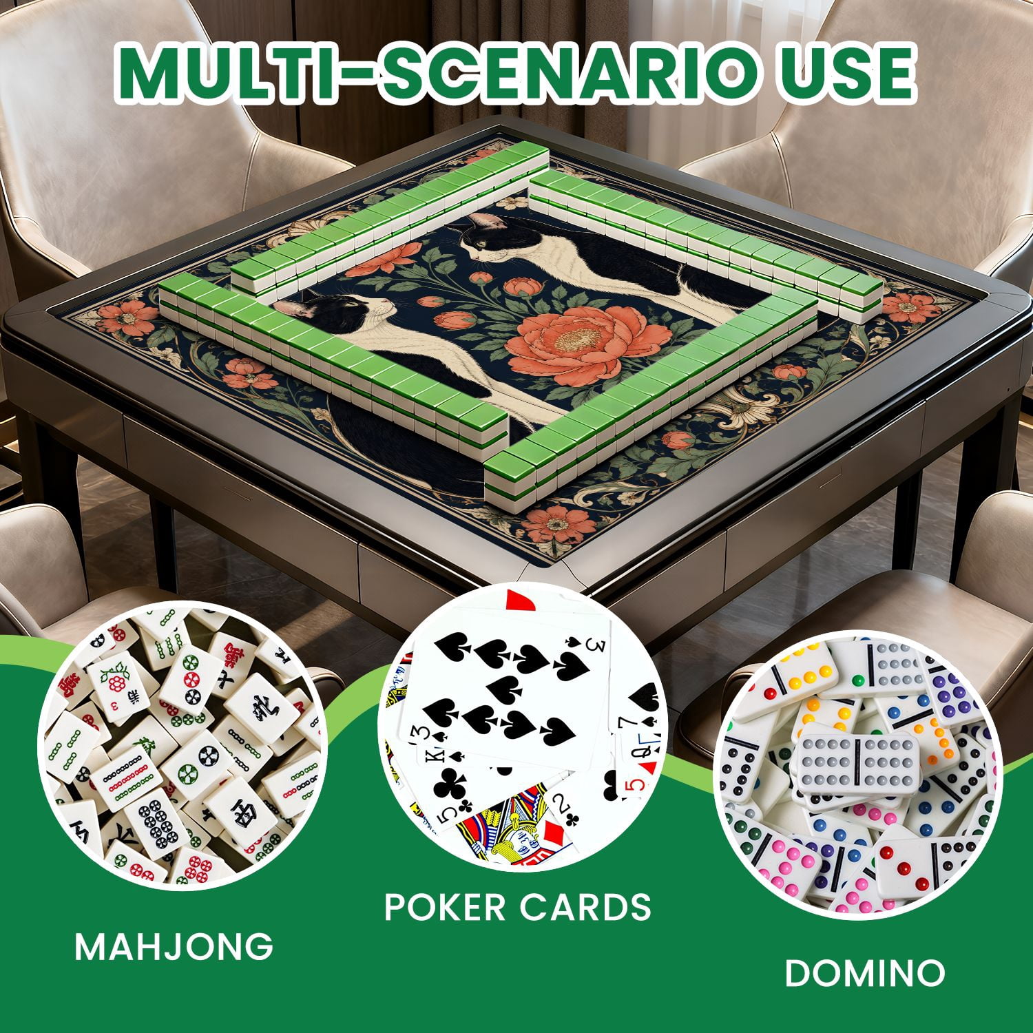 Mahjong Mat 31.5" x 31.5" Whimsical Cat Floral Art Nouveau Style Non-Slip Noise Reduction Mahjong Tiles Table Cover for Dominoes Poker Card Board and Tile Games