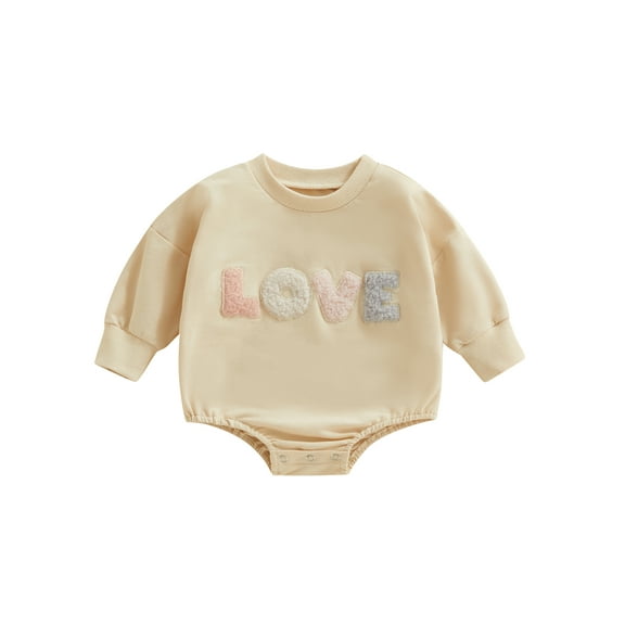 Wassery Infant Baby Girls Boys Spring Rompers Contrast Color Fuzzy Letter Jumpsuit Embroidery Long Sleeve Round Neck Bodysuit Newborn Casual Clothes 0-12M