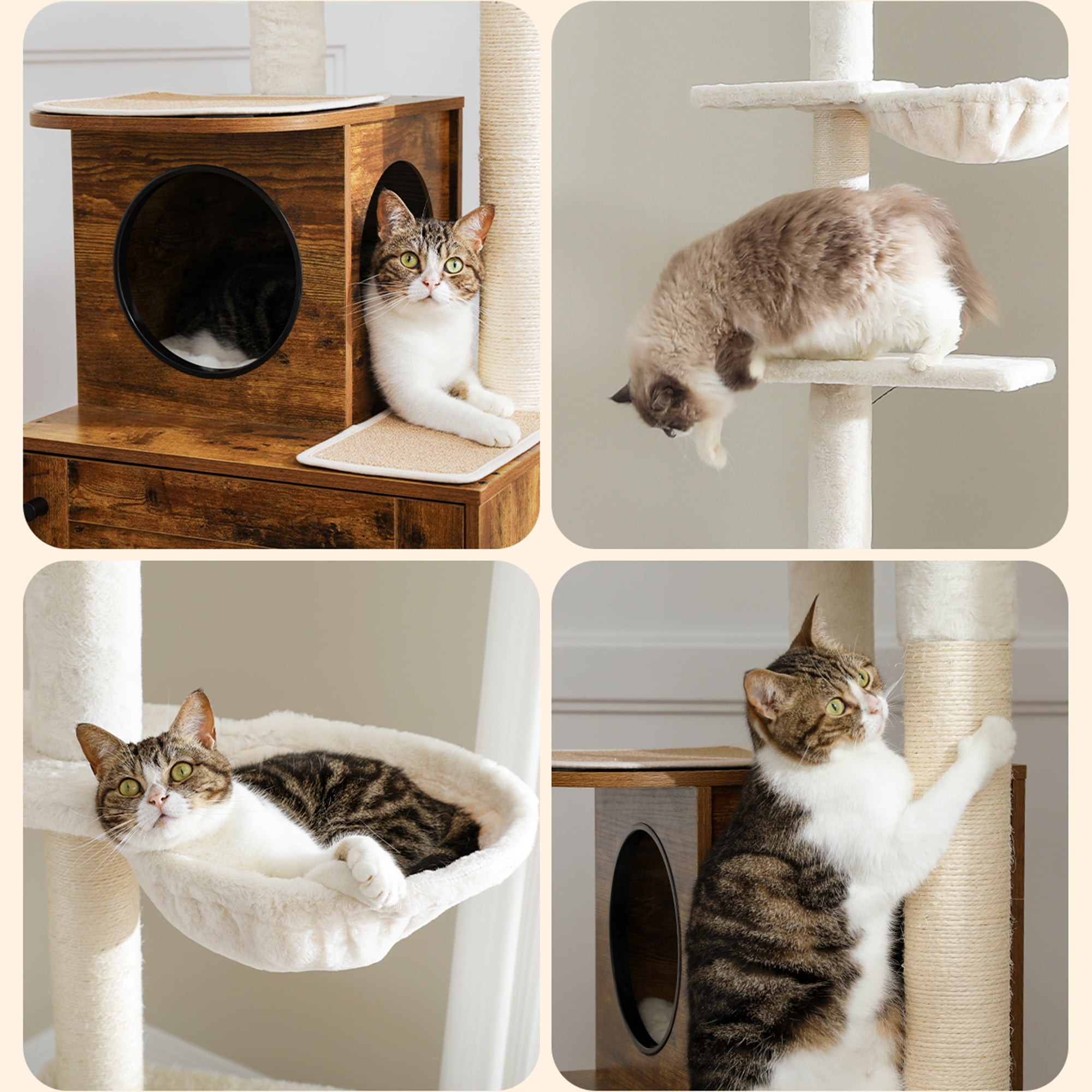 Kadyn 90"-110" Adjustable Height Cat Tree Tower Floor-to-Ceiling, Multi-Level Cat Activity Center, Cat Condo with Litter Box Enclosure, Brown