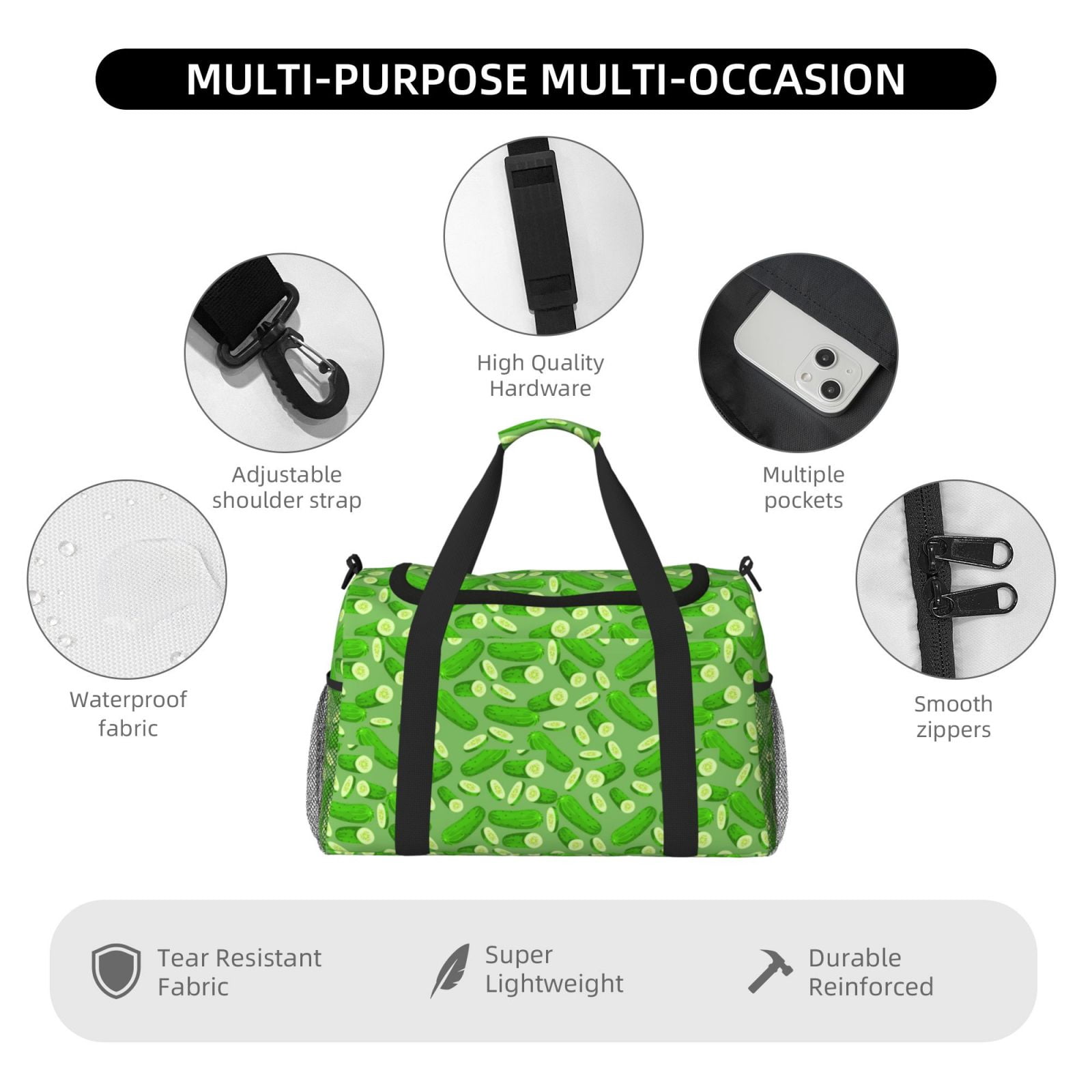 Fuzoiu Green Cucumber Print Travel Duffle Bag,Carry On Tote Bags,Duffel Bag,Sport Gym Bag, Hospital Bag for Labor and Delivery, Overnight Bag,Luggage Bag