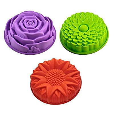 3 Pack Non-Stick Flower Shape Silicone Cake Bread Pie Flan Tart Molds Large Round Sunflower Chrysanthemum Rose Shape Baking Trays...