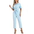 thumbnail image 2 of INSPIRE CHIC Women's Jumpsuit Short Sleeve Collared Button Down Tie Waist Cotton Cargo Jumpsuit M Light Blue, 2 of 5