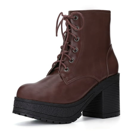 - Unique Bargains Women's Lace Up Platform Chunky Heel Ankle Combat Boots Coffee Color (Size 5)