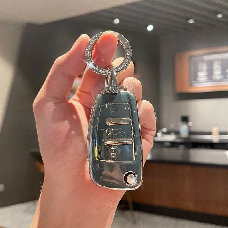 SHANGHONG Audi Key Fob Cover With Keychain — Aluminum Alloy Case For Audi A4 A5 A6 Q5 S4 S5 Models (Black)