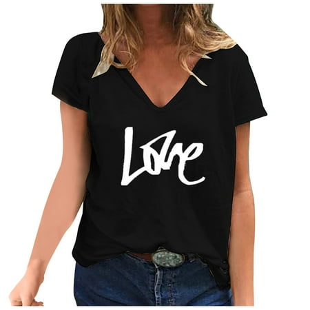 

HHei_K Women s Casual Fashion Summer V-Neck T-Shirt Printed Short-Sleeved Tops corset tops for women