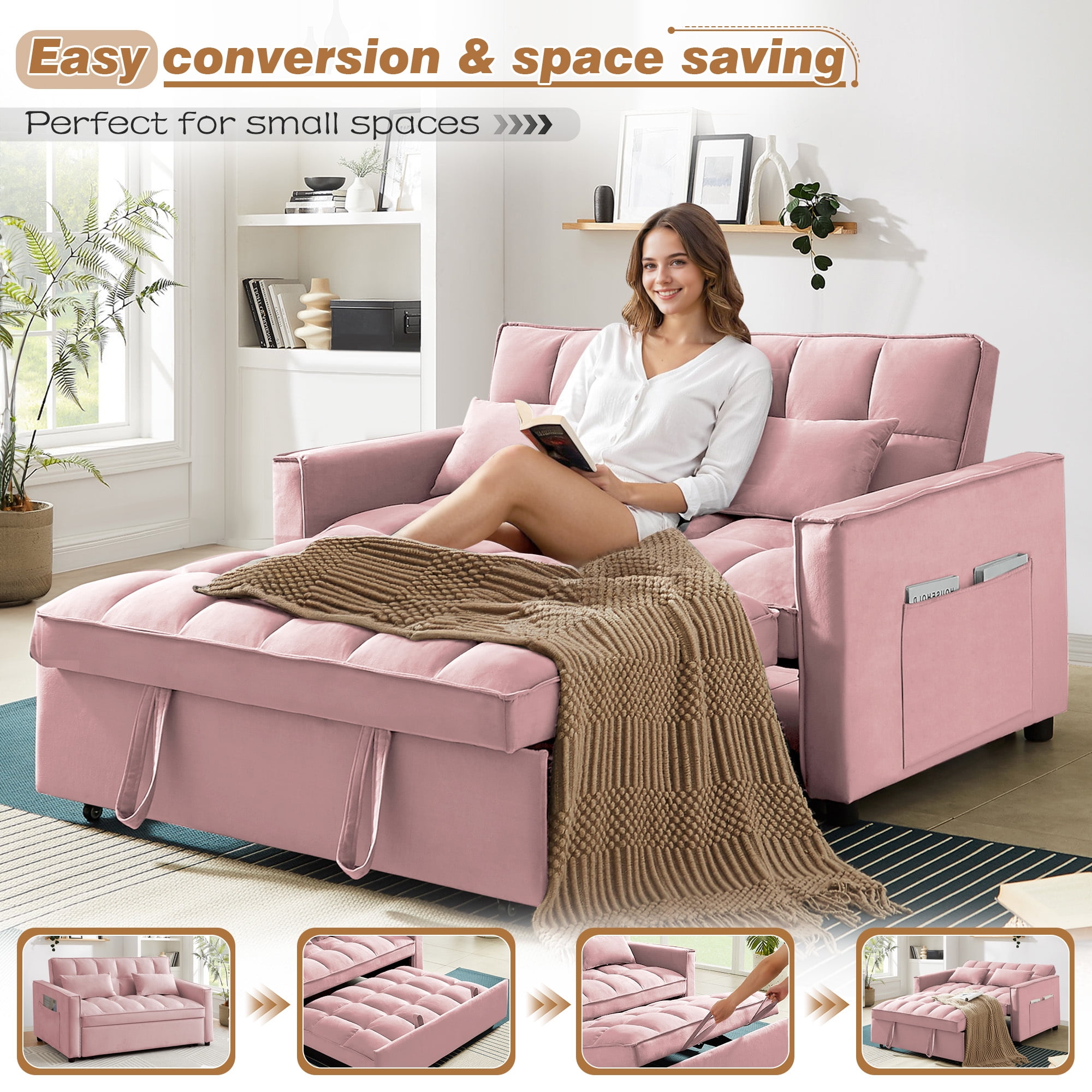Lunale 4-in-1 Convertible Futon Sofa Bed, Pull Out Couch Beds Loveseat Sleeper, Pink Velvet