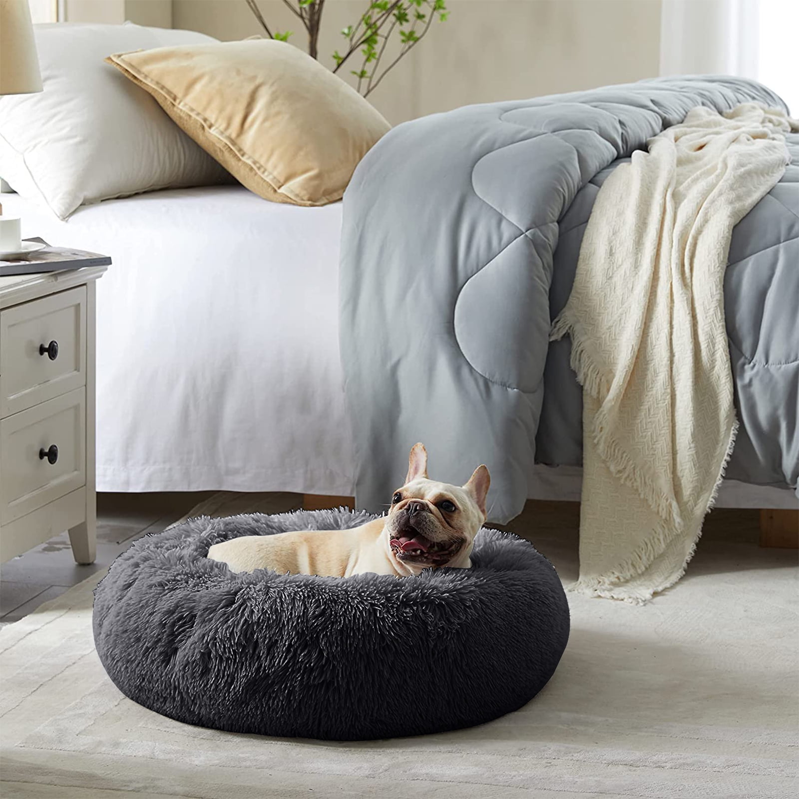 Nisrada Calming Donut Dog Bed Anti-Anxiety, Self Warming, Cozy Soft Plush Round Pet Bed, Ideal for Both Home & Travel, 24"L x 24"W x 8"H