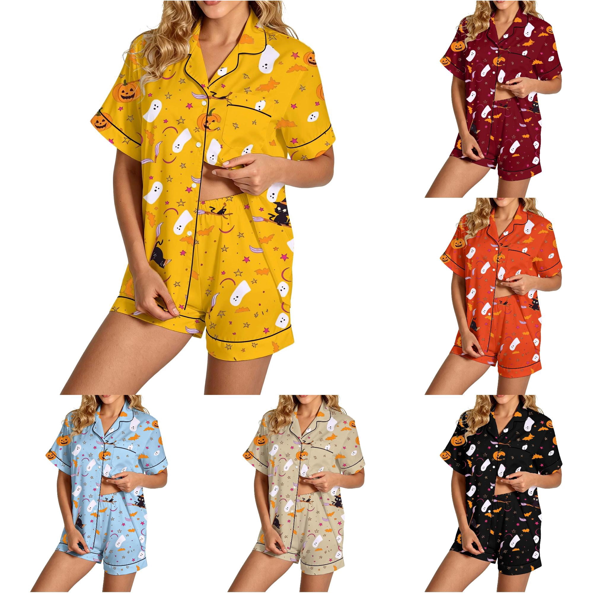 XIAOCHA Women s Loose Fit Nightwear Set Notch Collar Short Sleeve Witch Cat Pumpkin Print Halloween Pajama Set Sizes M