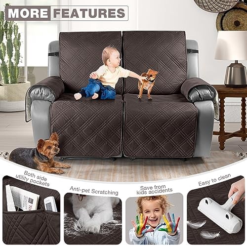 Waterproof Oversized Recliner Loveseat Cover, Non-Slip Split Design with Elastic Straps for Reclining Sofa, Protector for Furniture, Kids, and Pets (Chocolate, 2-Seater)