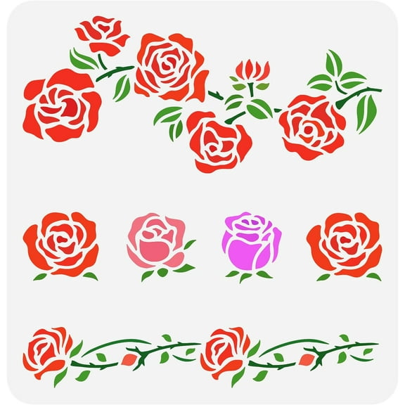 Rose Border Stencil 11.8x11.8 inch Hollow Out Rose Flowers Craft Stencil Reusable Vine Floral Leaf Wall Border Stencil Plastic PET Plant Stencil Template for DIY Scrapbook Photo Album