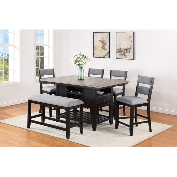 6pc Gray Finish Counter Height Dining Room Set Table w Open Shelf Chairs