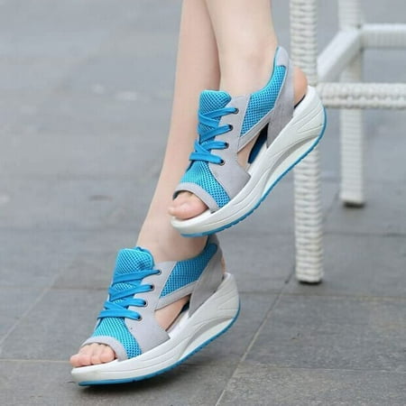 

Contrast Paneled Cutout Lace-Up Muffin Sandals - Sandals for Women Summer Peep Toe Sandals Shoes Wedges (Blue 5)