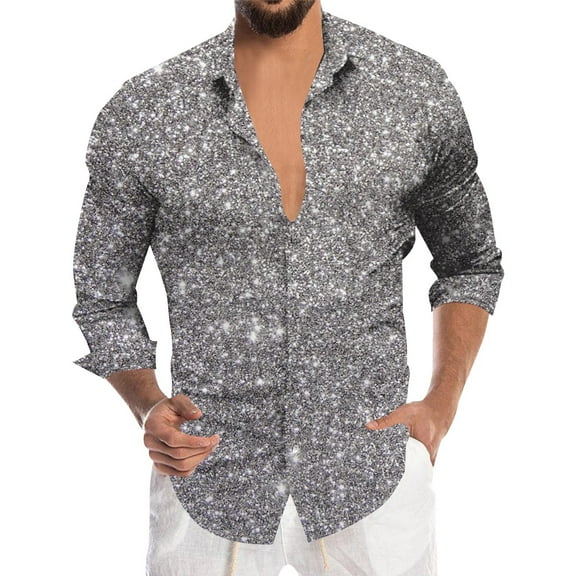 Telankuip Long Sleeve Shirts for Men Sequin Solid Color Lapel Button down Dress Shirt 70s Disco Fashion Sparkle Carnival Party Comfortable Tops for Festive Celebrations 2026 2-Silver XL