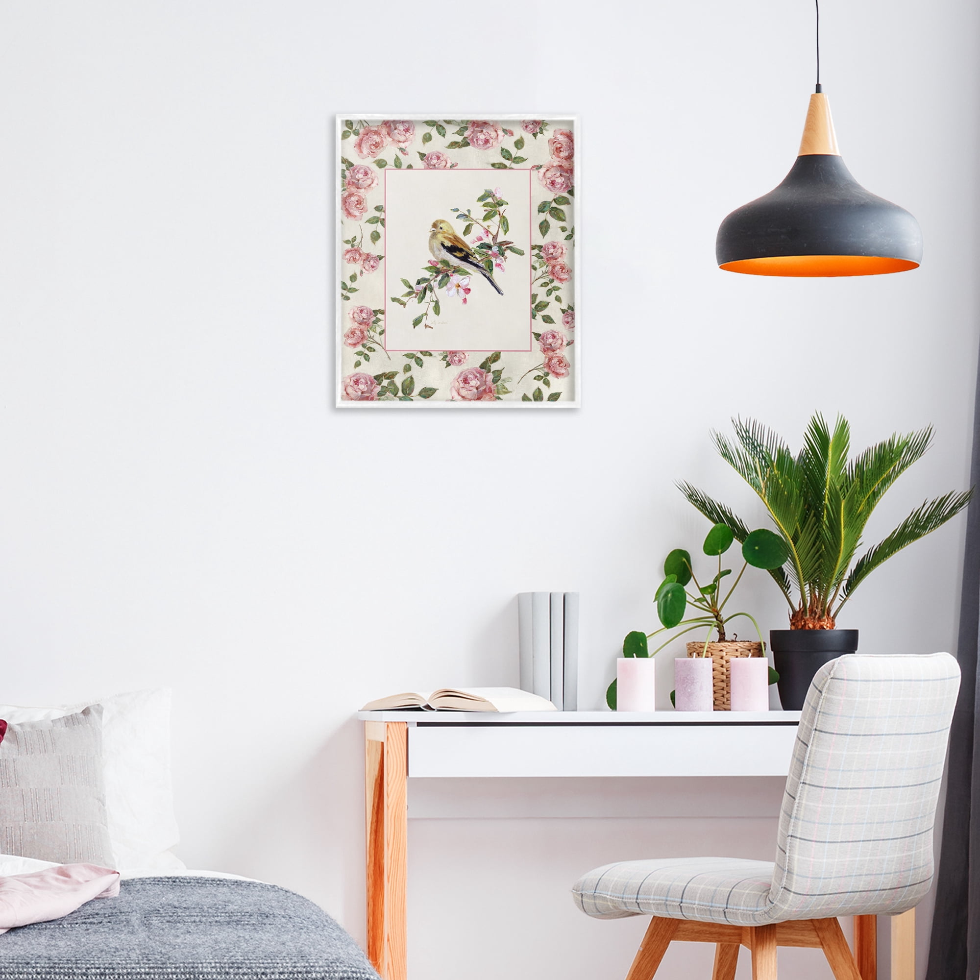 Stupell Industries Perched Bird with Dainty Roses White Framed Giclee Art, design by Sally Swatland