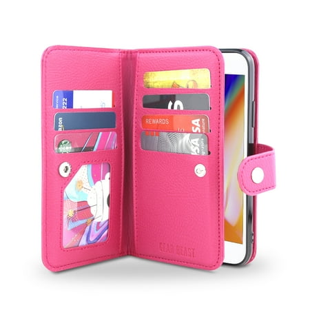 Gear Beast iPhone 8 / 7 Wallet Case, Flip Cover Dual Folio Case Slim Protective PU Leather Case 7 Slot Card Holder Including ID Holder Inner Pockets Wristlet For Men and Women Bonus Screen Protector