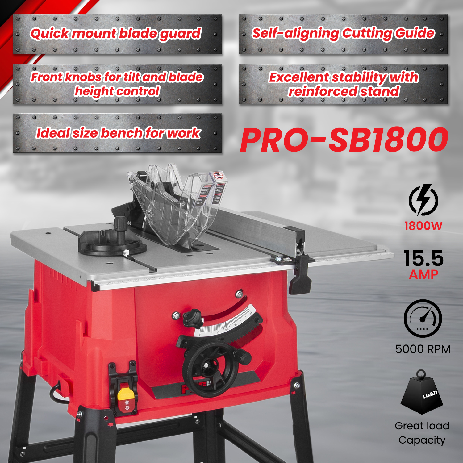 PROMAKER Table Saw 10-inch 15.5-Amp 5000RPM 1800W, Benchtop Table Saw, from  0-45º up to 0º-90º Bevel cut. Table saw 10 inch with metal stand for  woodworking including a Saw Blade. PRO-SB1800