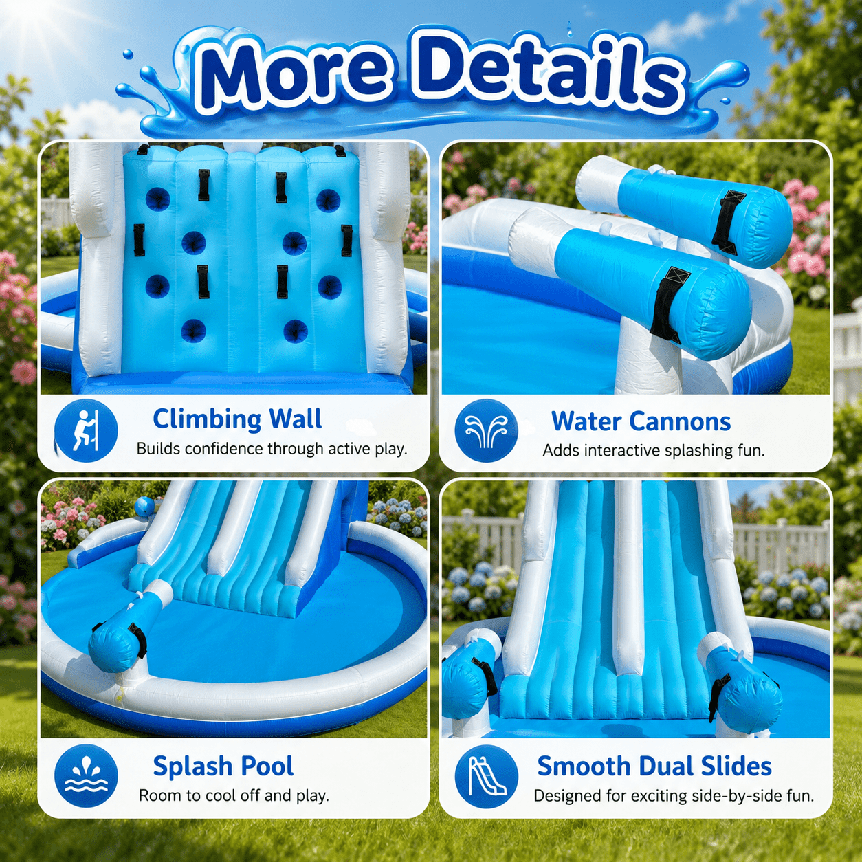 Inflatable Double Water Slide with Climbing Wall & Large Splash Pool - Backyard Kids Water Park with Blower & Accessories, Blue & White