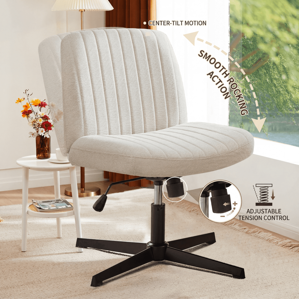 Armless Criss Cross Legged Office Chair, Desk Chair No Wheels, PU Leather, Beige