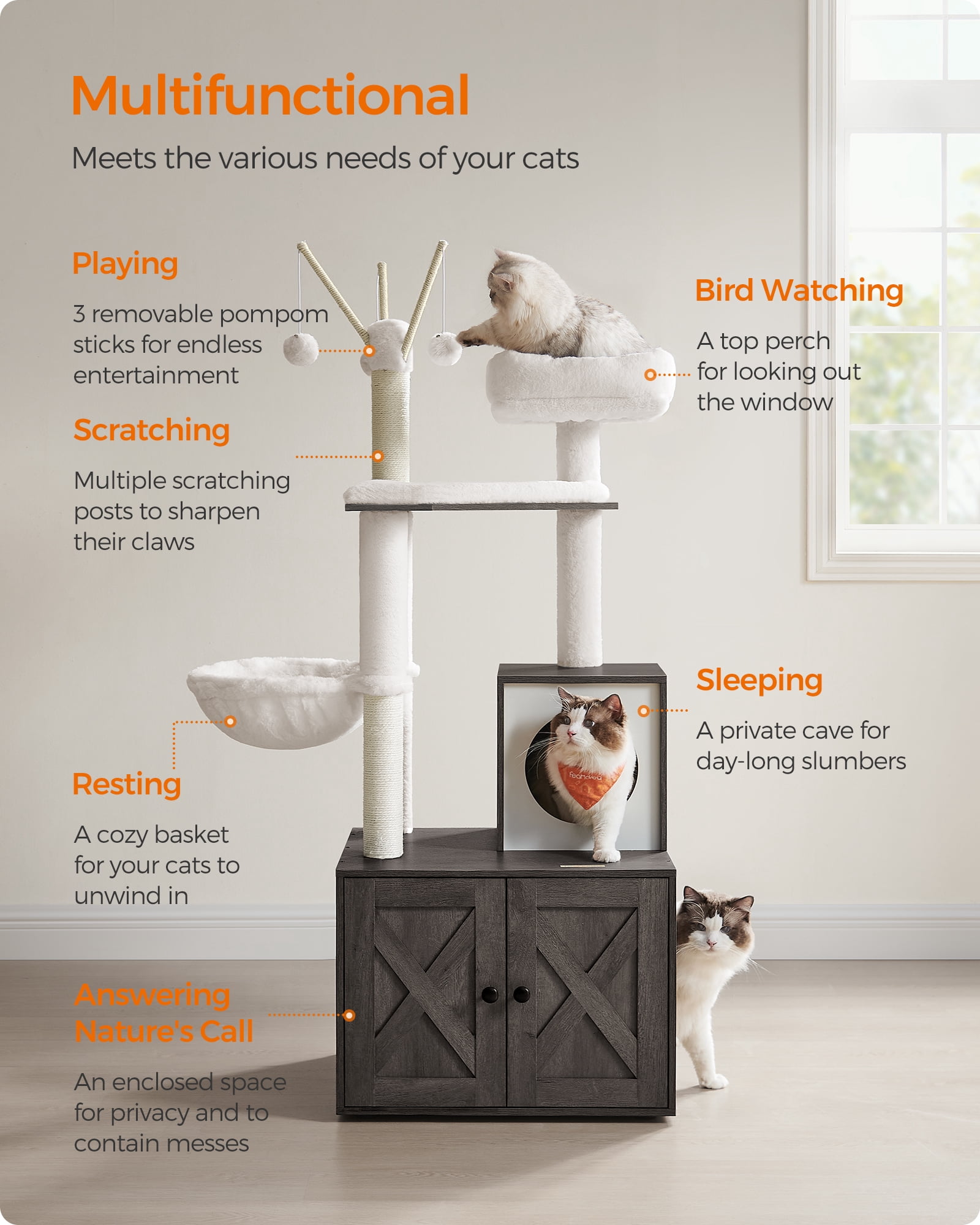 WoodyWonders 2-in-1 Cat Tree with Litter Box Enclosure - Modern Cat Condo with Scratching Posts, Misty Gray
