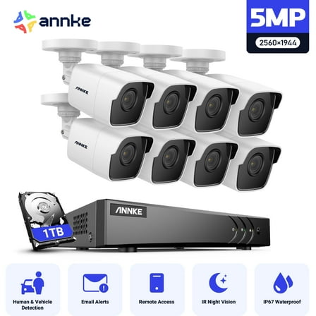 ANNKE 5MP Home Security Camera System with AI Human/Vehicle Detection, 8CH H.265  DVR Recorder with 8X 5MP Wired IP67 Outdoor CCTV Cameras, 100 ft EXIR Night Vision with Smart IR & WDR, 1TB HDD
