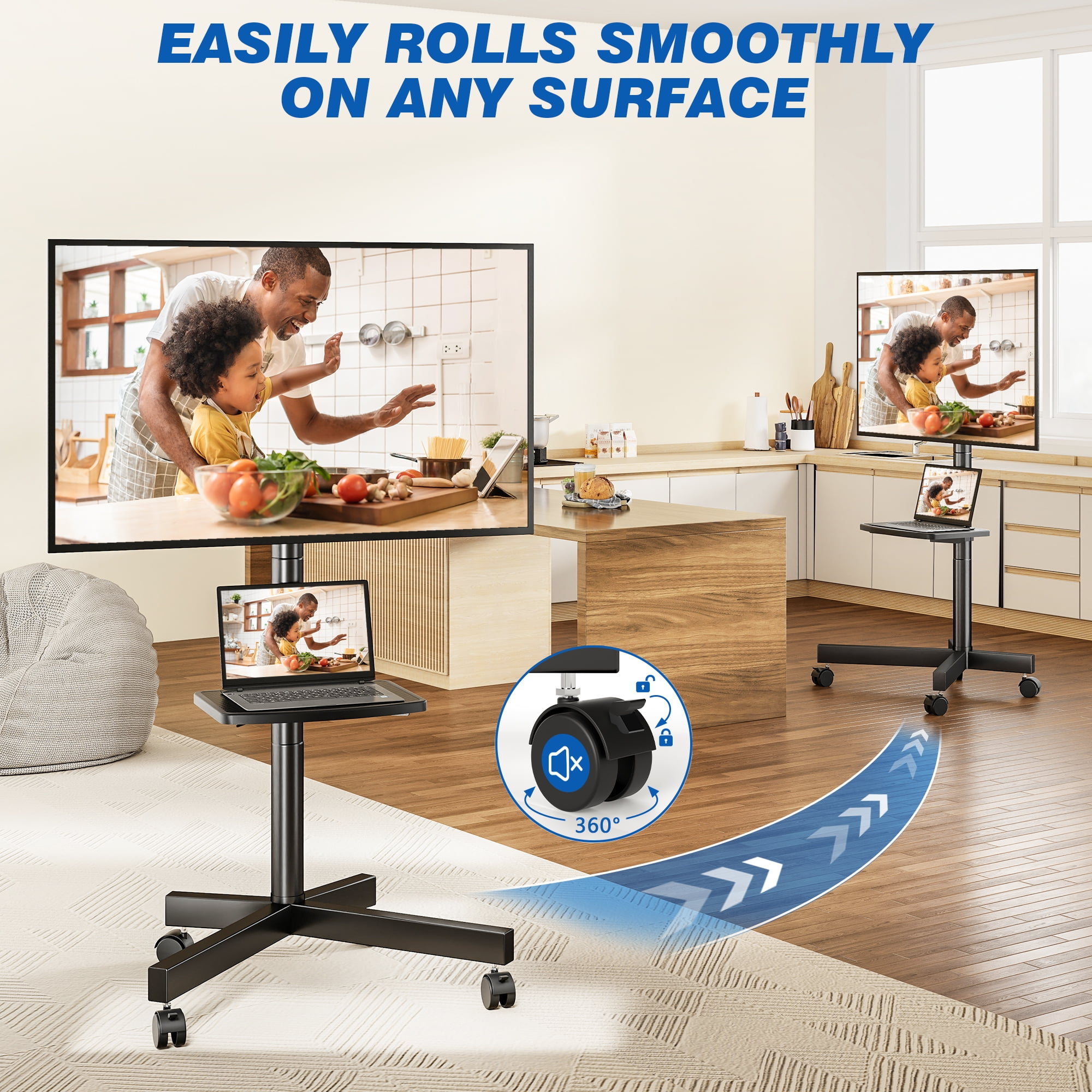 TAVR Furniture Mobile Rolling TV Cart with Locking Wheels for 23-60 inch TVs, Adjustable Rolling Floor Stand TV Trolley Holds up to 88lbs