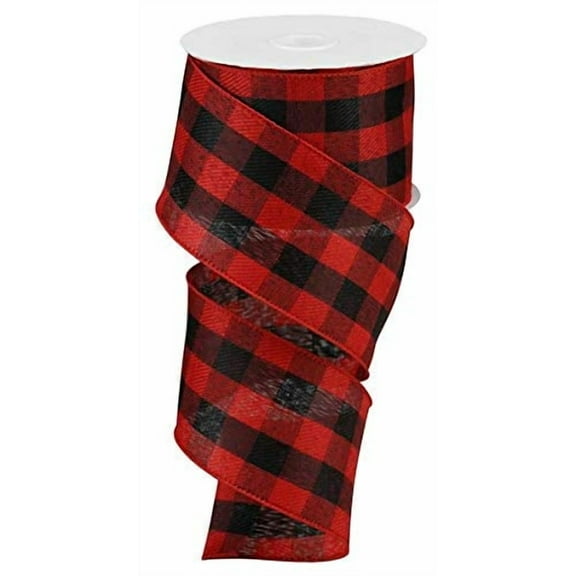 Woven Check Wired Edge Ribbon - 2.5 Inch x 10 Yards (Red, Black)