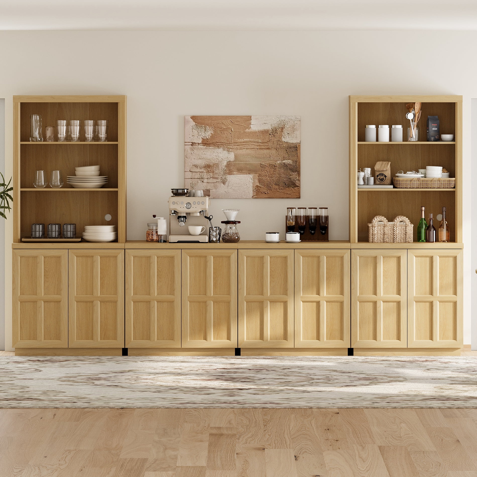 HOMOOI Pantry Cabinet,Boho Combined Kitchen Storage Hutch with 2 Upper Bookshelves Tops & 4-in-1 Cabinet with adjustable Shelves, Anti-Wobble Storage Organizer for Kitchen,Dining Room,Entryway,Oak